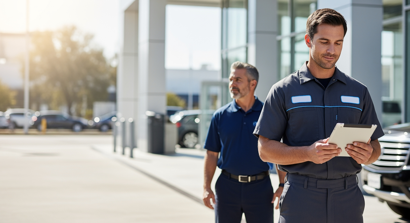 Service technician reviewing a tablet on the dealership service drive