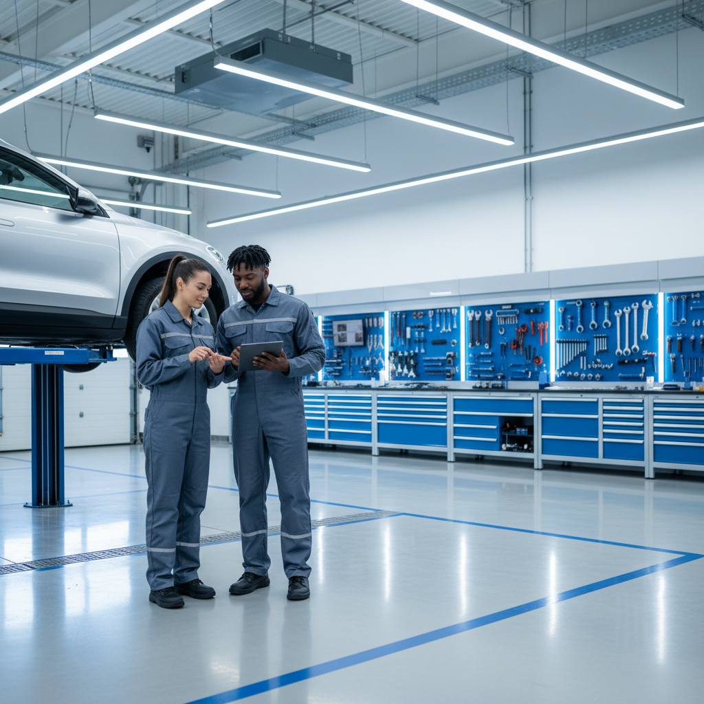 Dealership technicians in a modern service bay